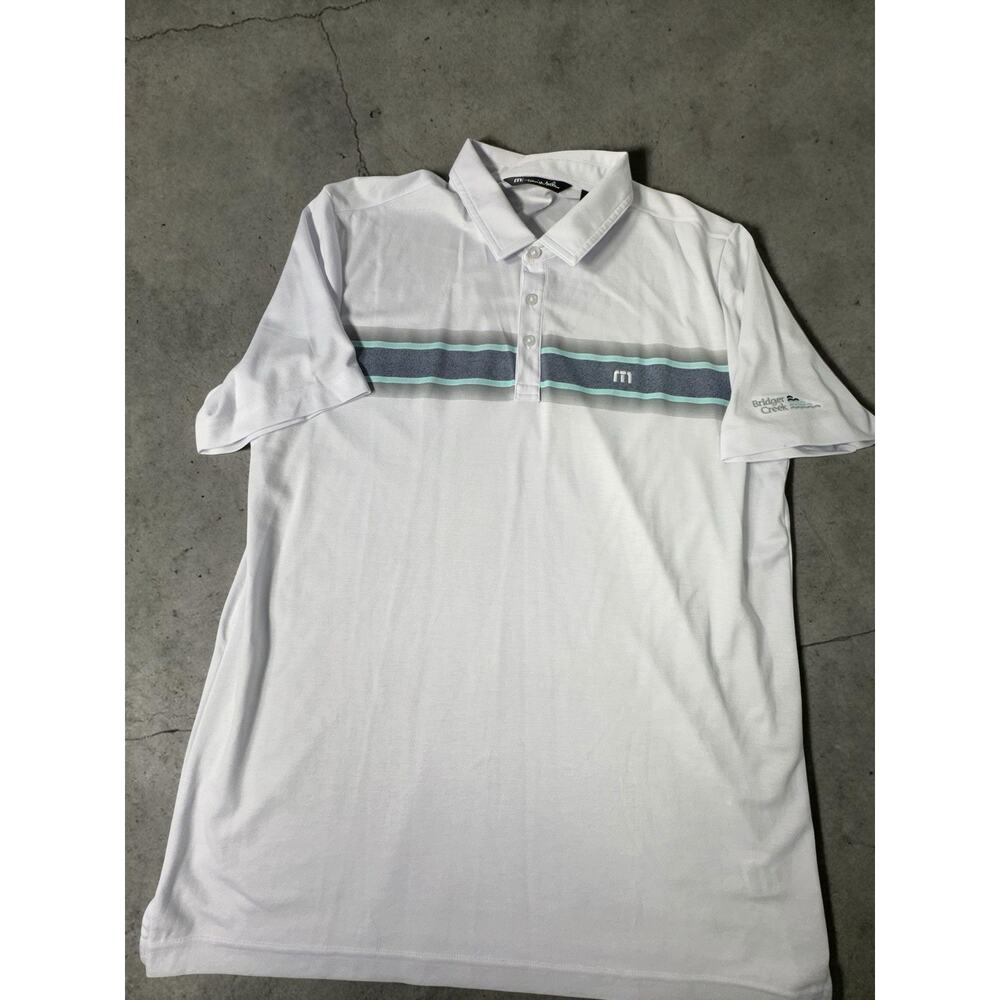 TravisMathew Men’s XL White Golf Polo Teal Stripe Bridger Creek Golf MT